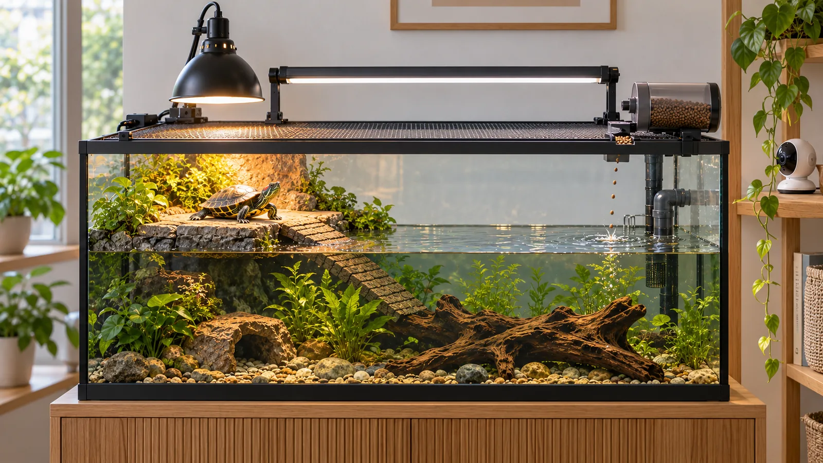 Acuaterrario amplio con una tortuga acuática sola, zona seca elevada, comedero automático y cámara colocada fuera del agua