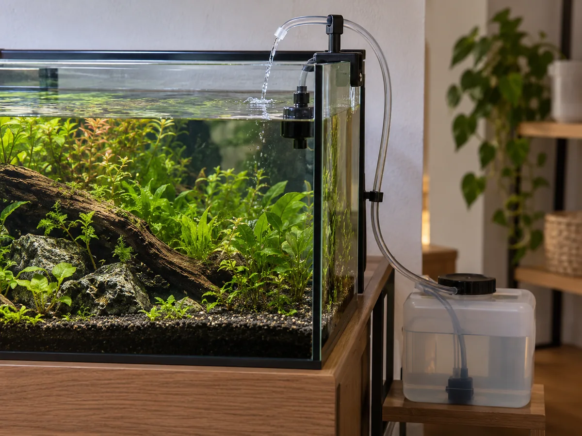 Sensor de nivel y tubo de un ATO fijados al borde de un acuario, con la salida por encima del agua y un depósito cerrado colocado más abajo