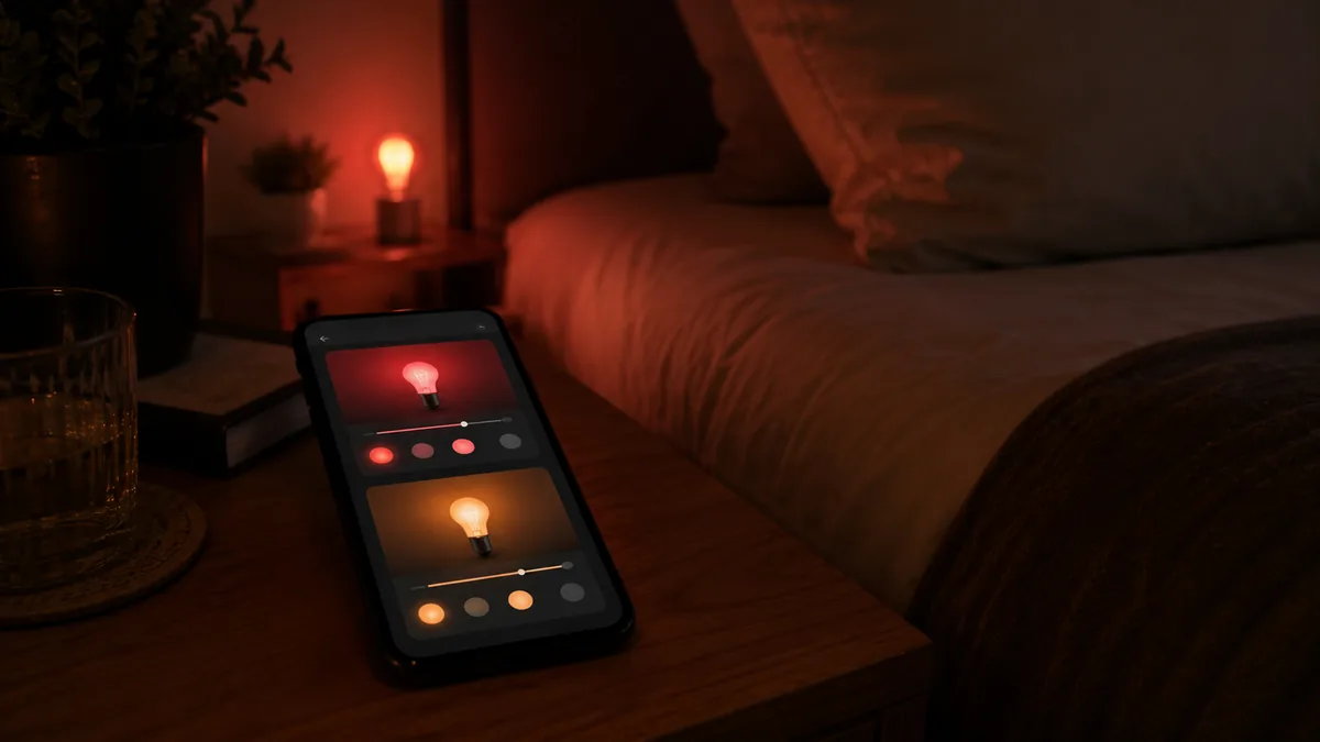 App de bombilla inteligente mostrando una escena en rojo y otra en ámbar para la noche