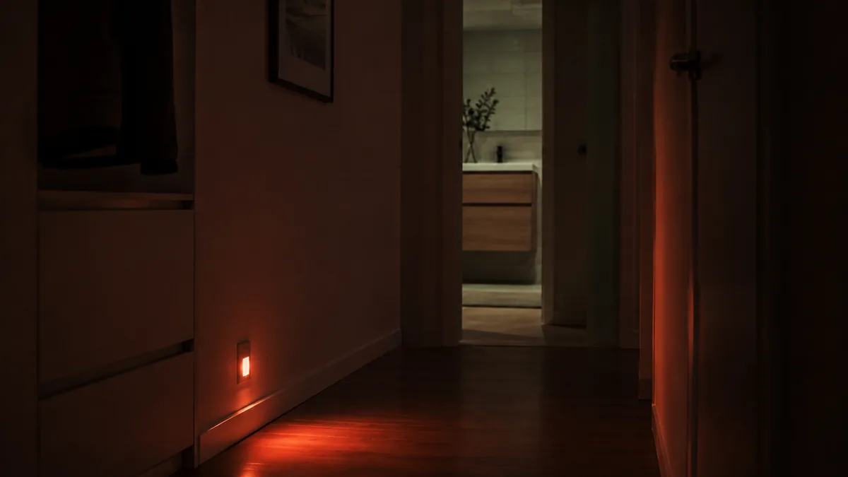 Luz roja tenue en un pasillo para levantarse de noche sin encender la luz principal