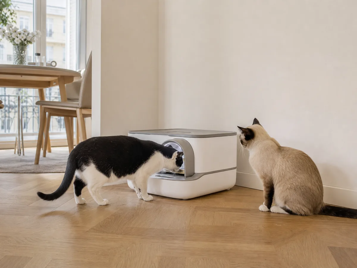 Dos gatos frente a un comedero con acceso selectivo por microchip