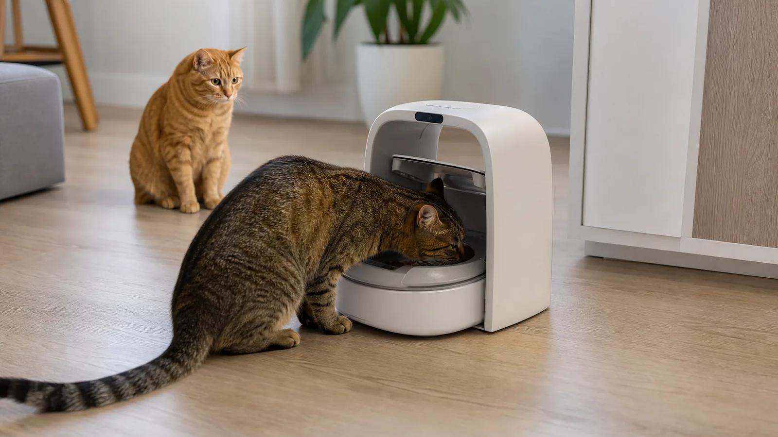 Comedero automático para gatos con microchip en una casa con dos mascotas