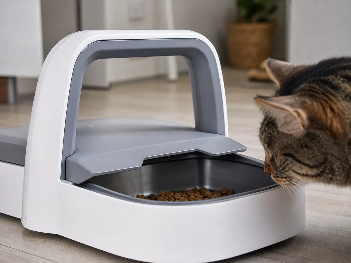 Primer plano del arco lector y la tapa de un comedero de microchip para gatos