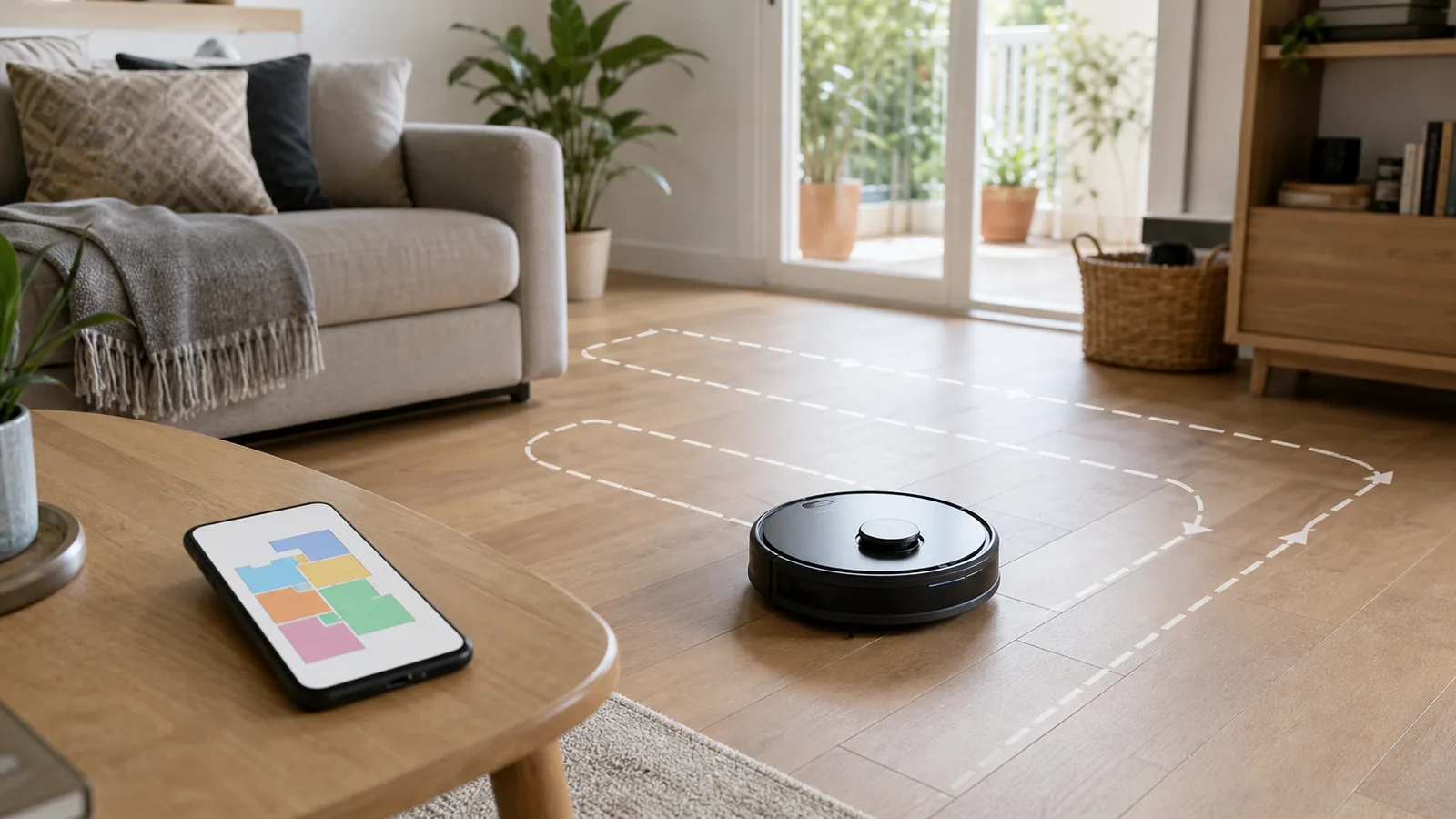 Robot aspirador recorriendo un salón ordenado con su mapa de limpieza abierto en el móvil