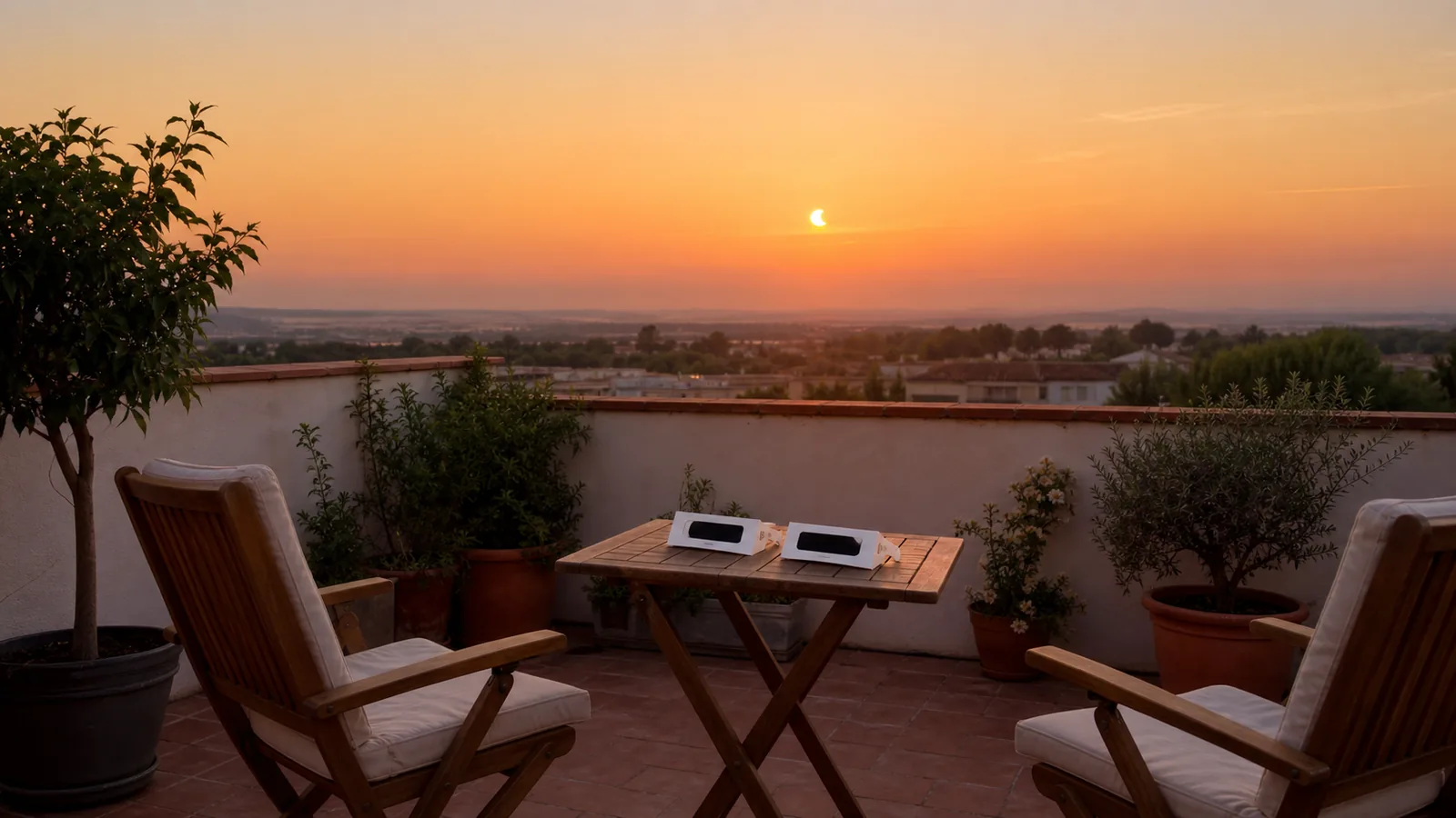 Terraza de una vivienda española lista para ver el eclipse solar al atardecer