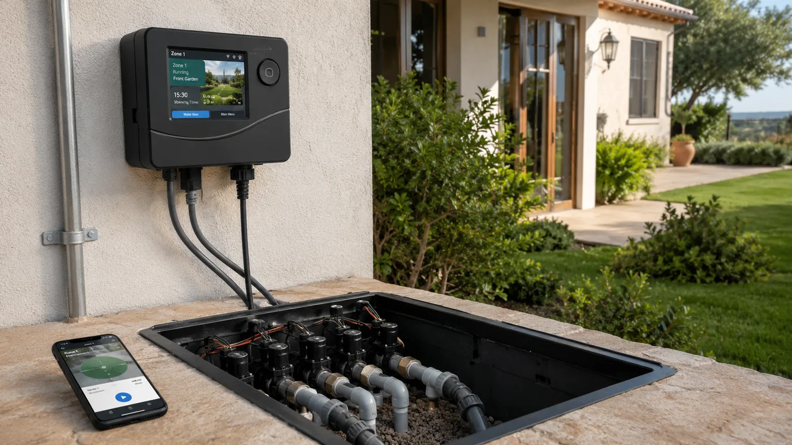 Controlador de riego inteligente instalado junto a las electroválvulas de un jardín