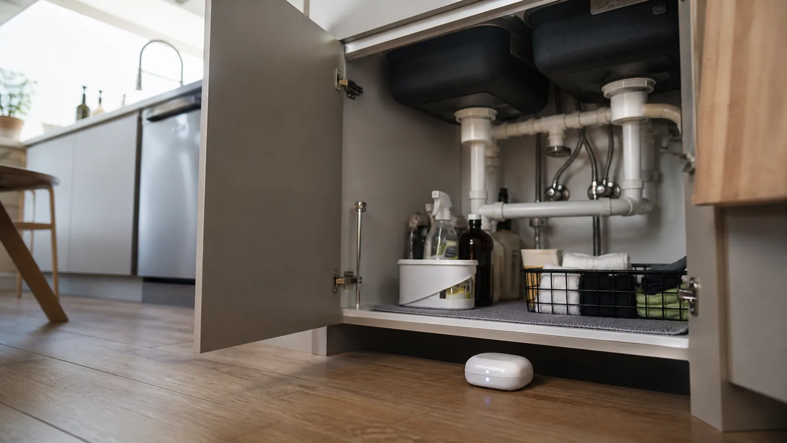 Detector de fugas de agua inteligente colocado bajo el fregadero de una cocina moderna