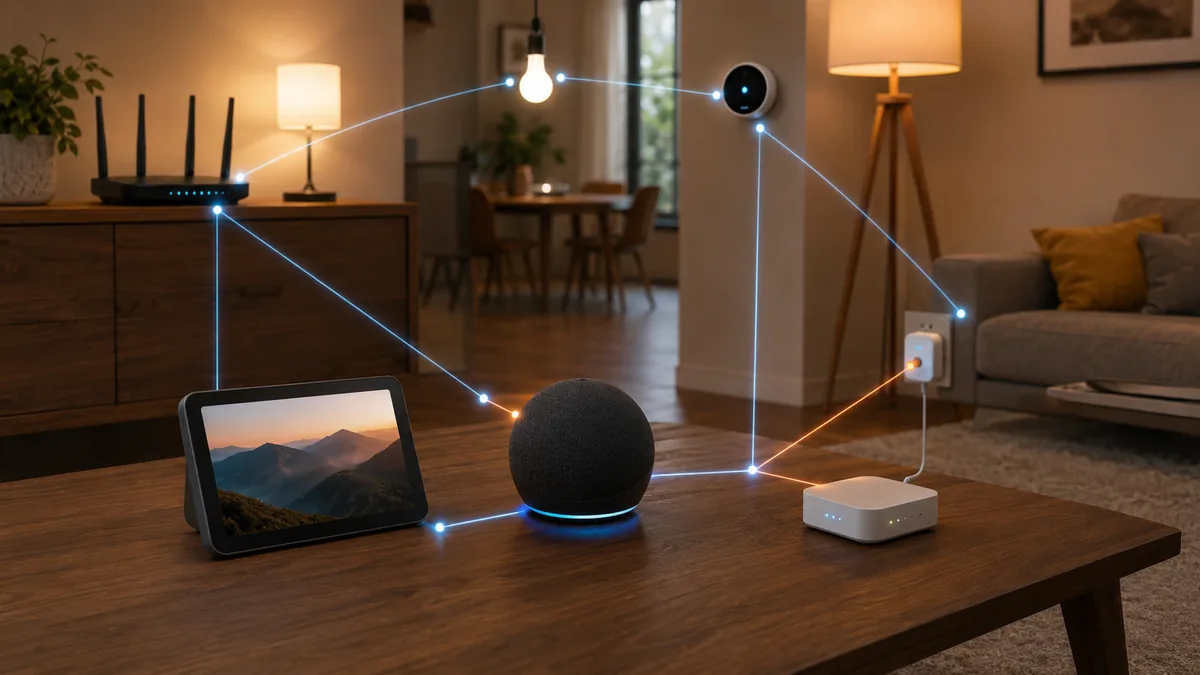 Esquema de Alexa conectada a dispositivos Wi-Fi, Matter, Thread y Zigbee
