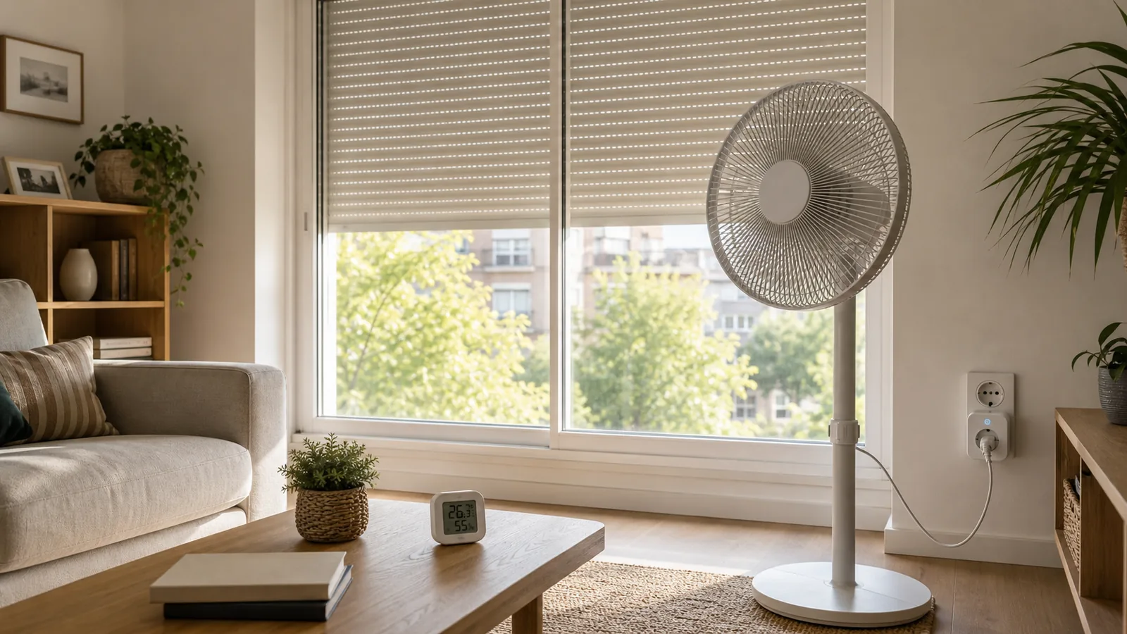 Salón luminoso con la persiana bajada, un sensor de temperatura y un ventilador conectado a un enchufe inteligente