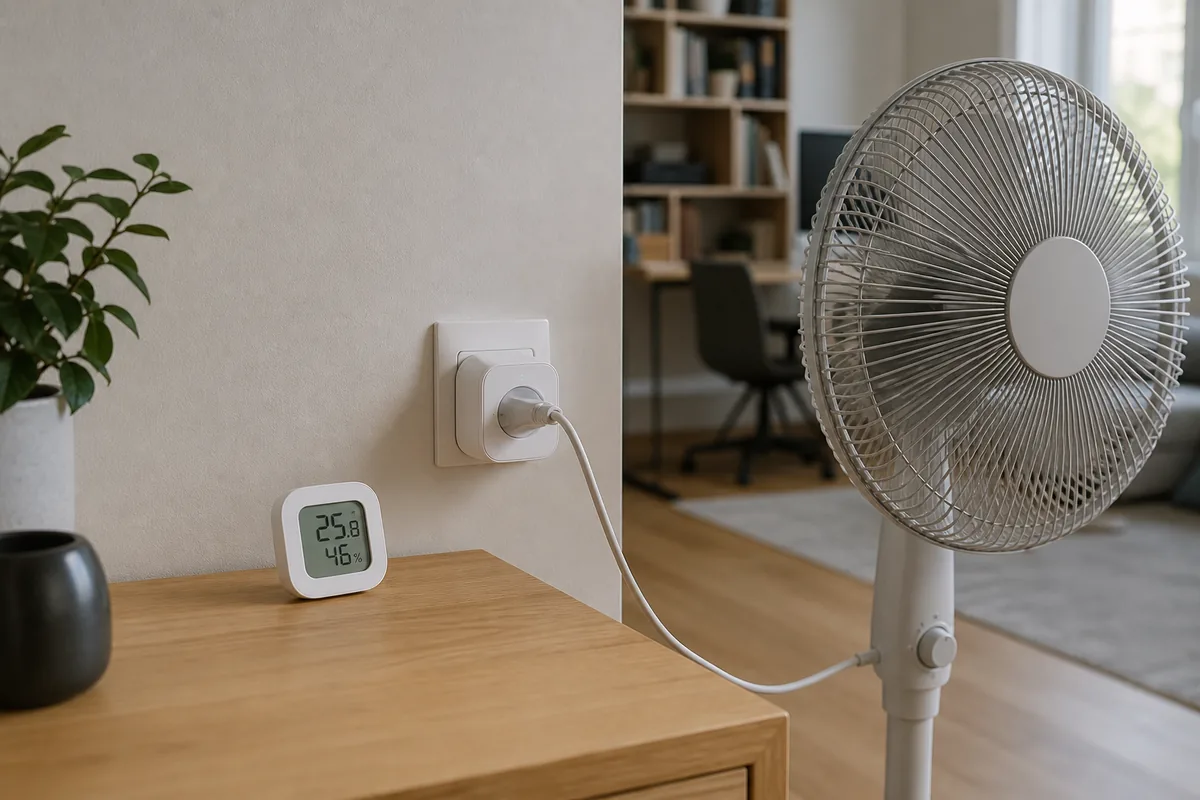Sensor de temperatura junto a un ventilador conectado a un enchufe inteligente