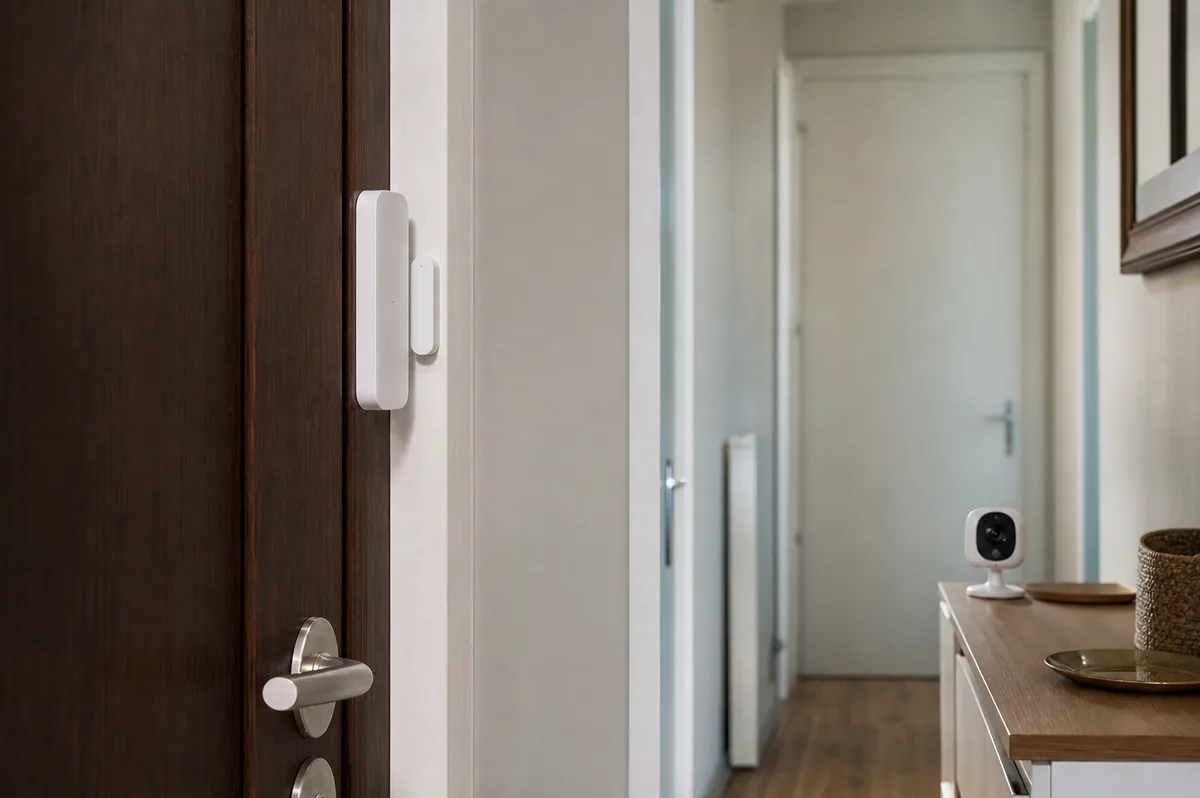 Sensor de apertura instalado en una puerta junto a una cámara interior orientada al recibidor