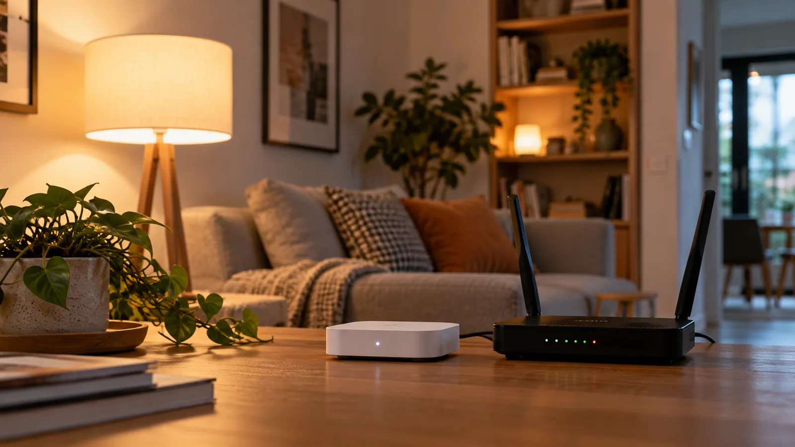 Salón con una lámpara encendida, un pequeño hub domótico y un router doméstico