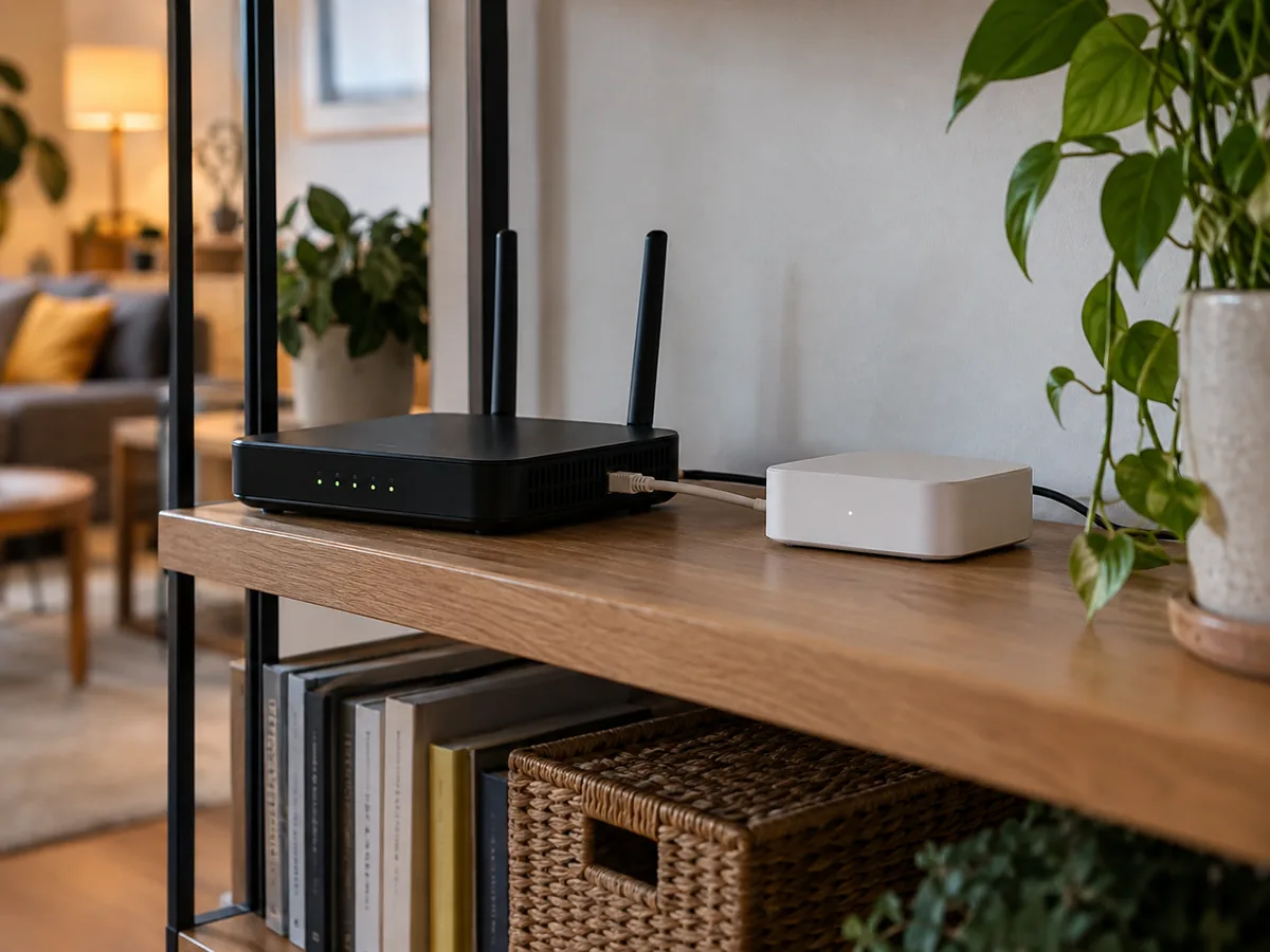 Router conectado por cable a un pequeño controlador domótico sobre una estantería de madera