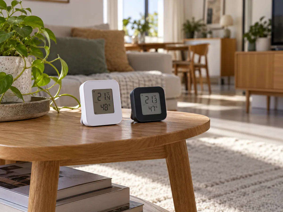 Dos sensores de temperatura portátiles juntos sobre un soporte abierto en una habitación, lejos de un radiador