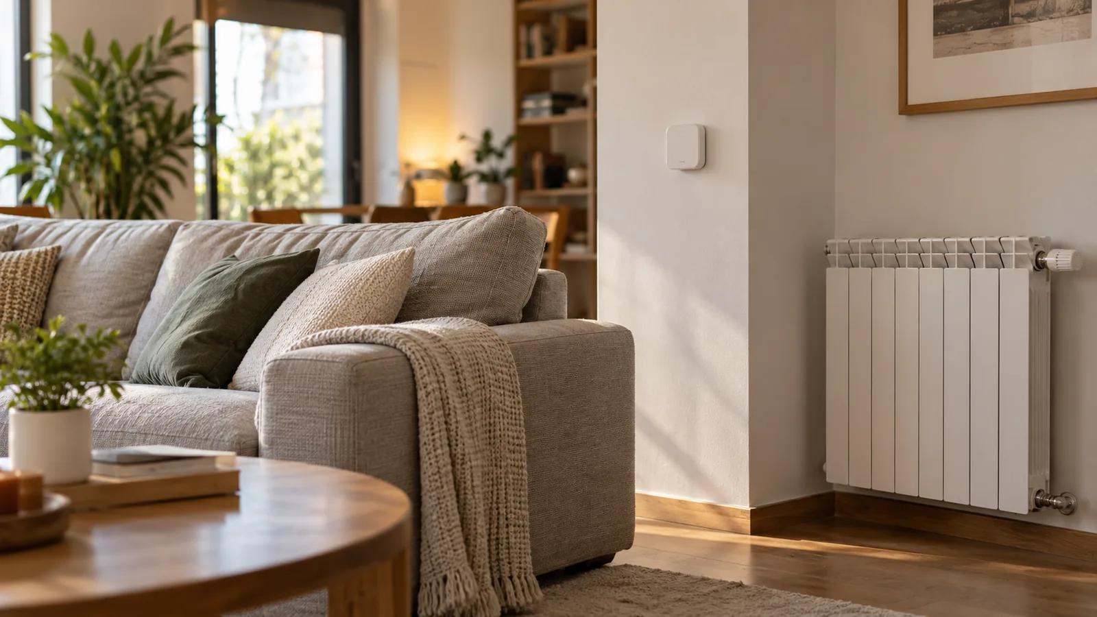 Salón con un pequeño sensor de temperatura en una pared interior junto al sofá y un radiador separado