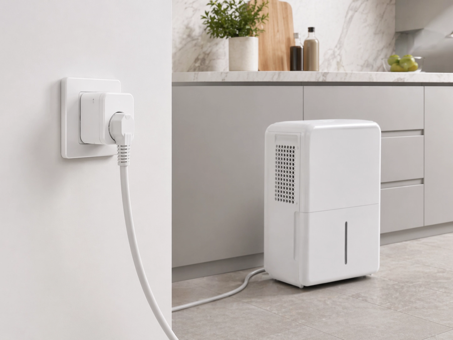 Enchufe inteligente Wi-Fi con un deshumidificador conectado en una habitación