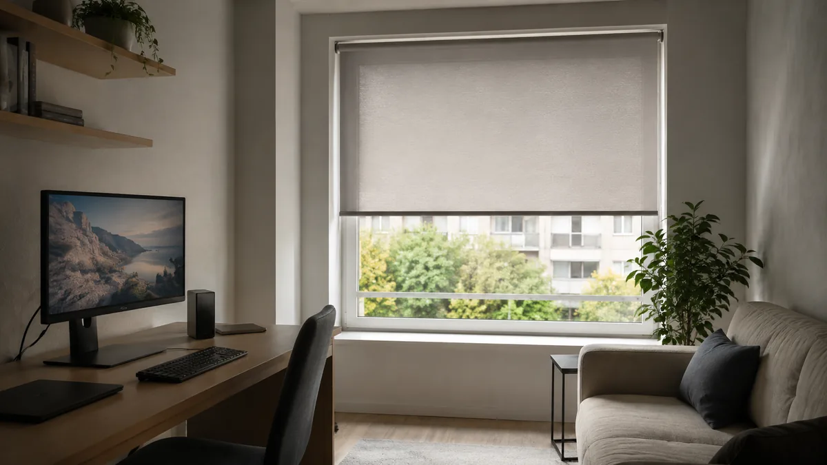 Estor inteligente bajado parcialmente para evitar reflejos en una pantalla