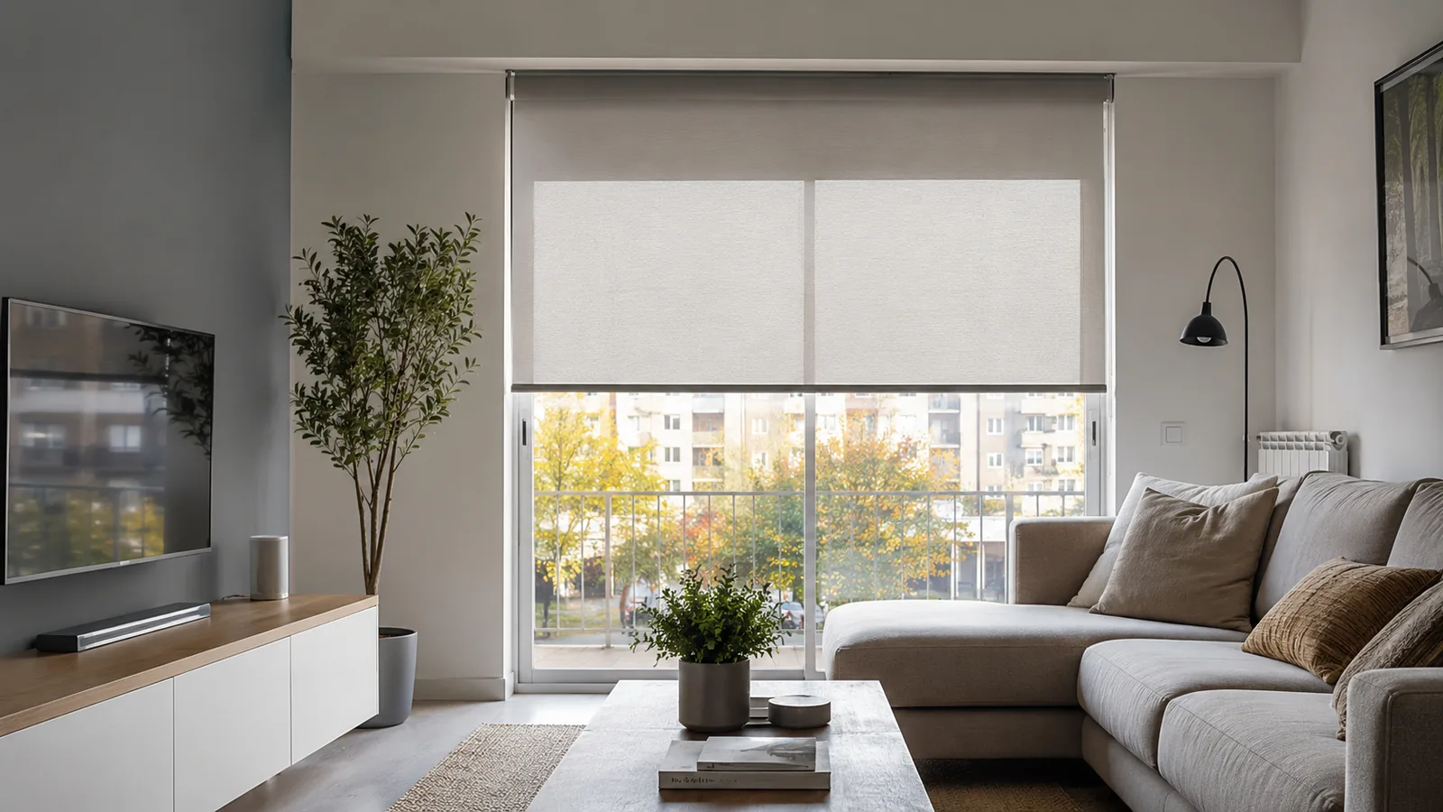 Estor WiFi instalado en la ventana de un salón con la luz tamizada
