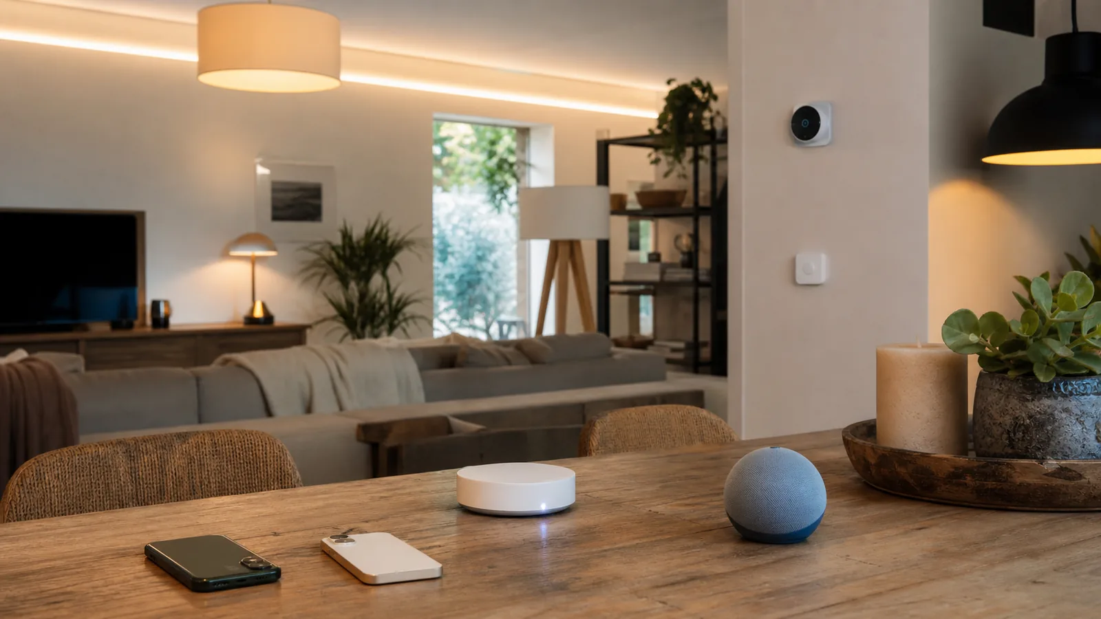 Una casa con dispositivos Matter controlados desde varios ecosistemas