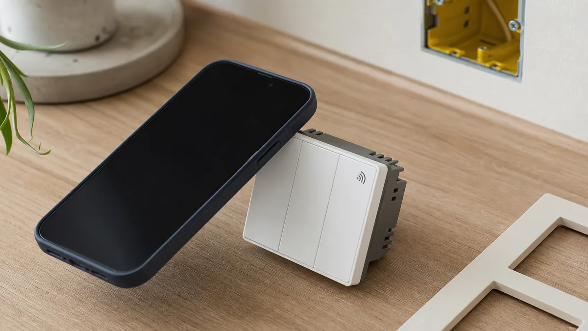 Móvil configurando por NFC un interruptor Matter antes de instalarlo en la pared