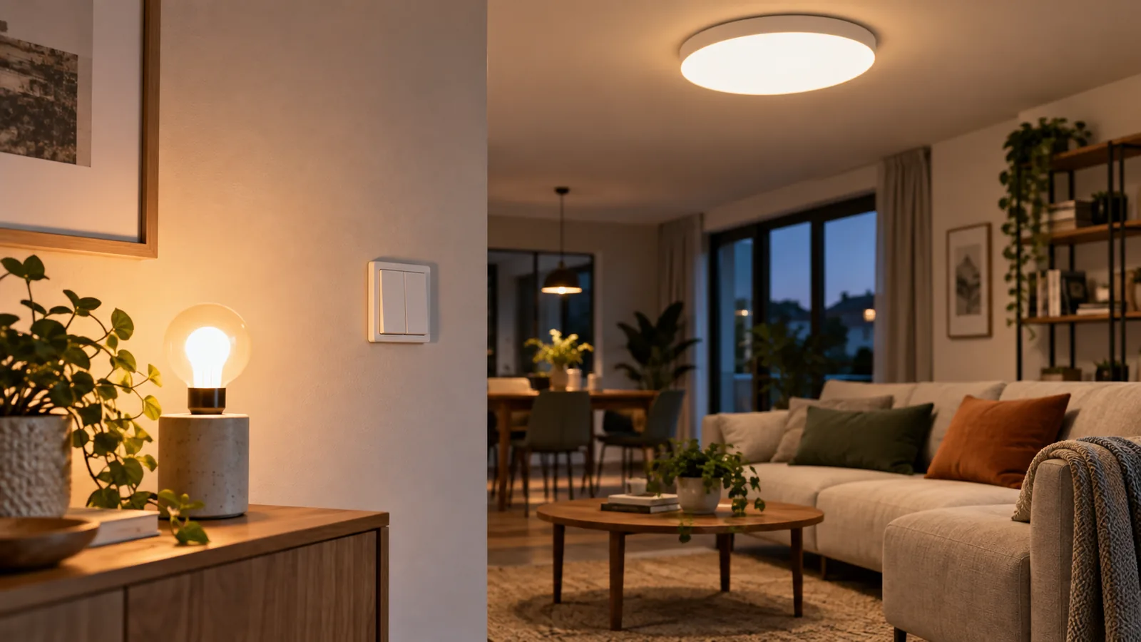 Plafón inteligente, bombilla conectada e interruptor domótico en una vivienda