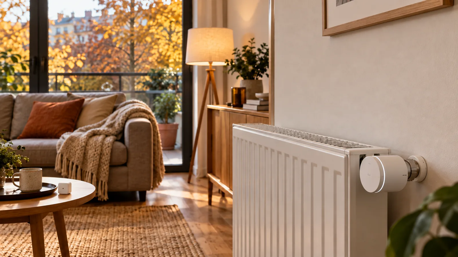 Salón europeo en otoño con radiador de agua, cabezal termostático inteligente y sensor de temperatura separado