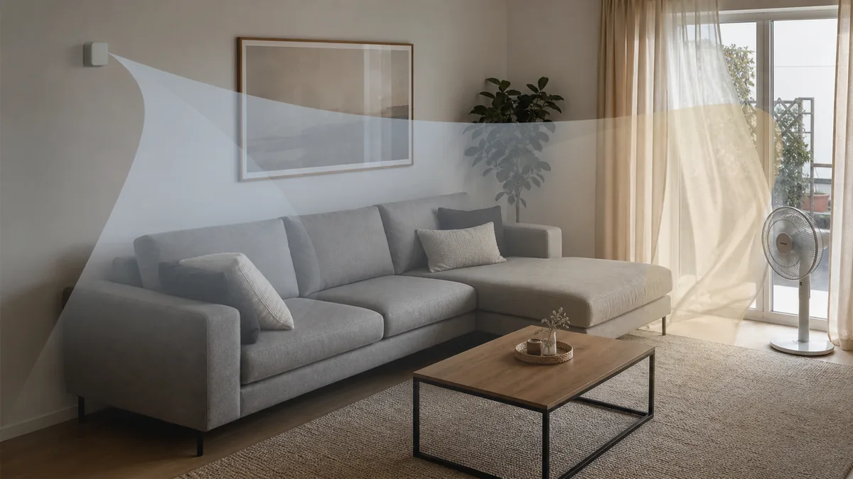 Sensor mmWave instalado en un salón con ventilador, cortina, sofá y zonas de detección marcadas