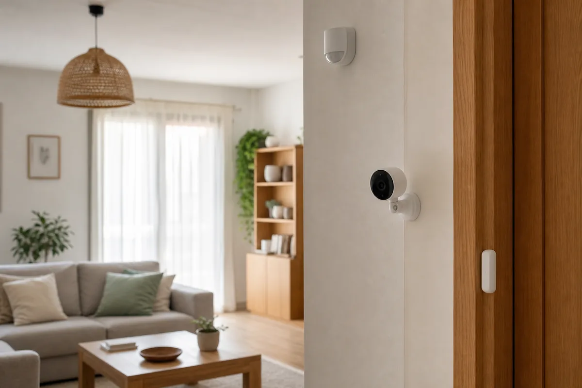 Cámara inteligente discreta en una zona común junto a sensores Zigbee, sin personas a la vista