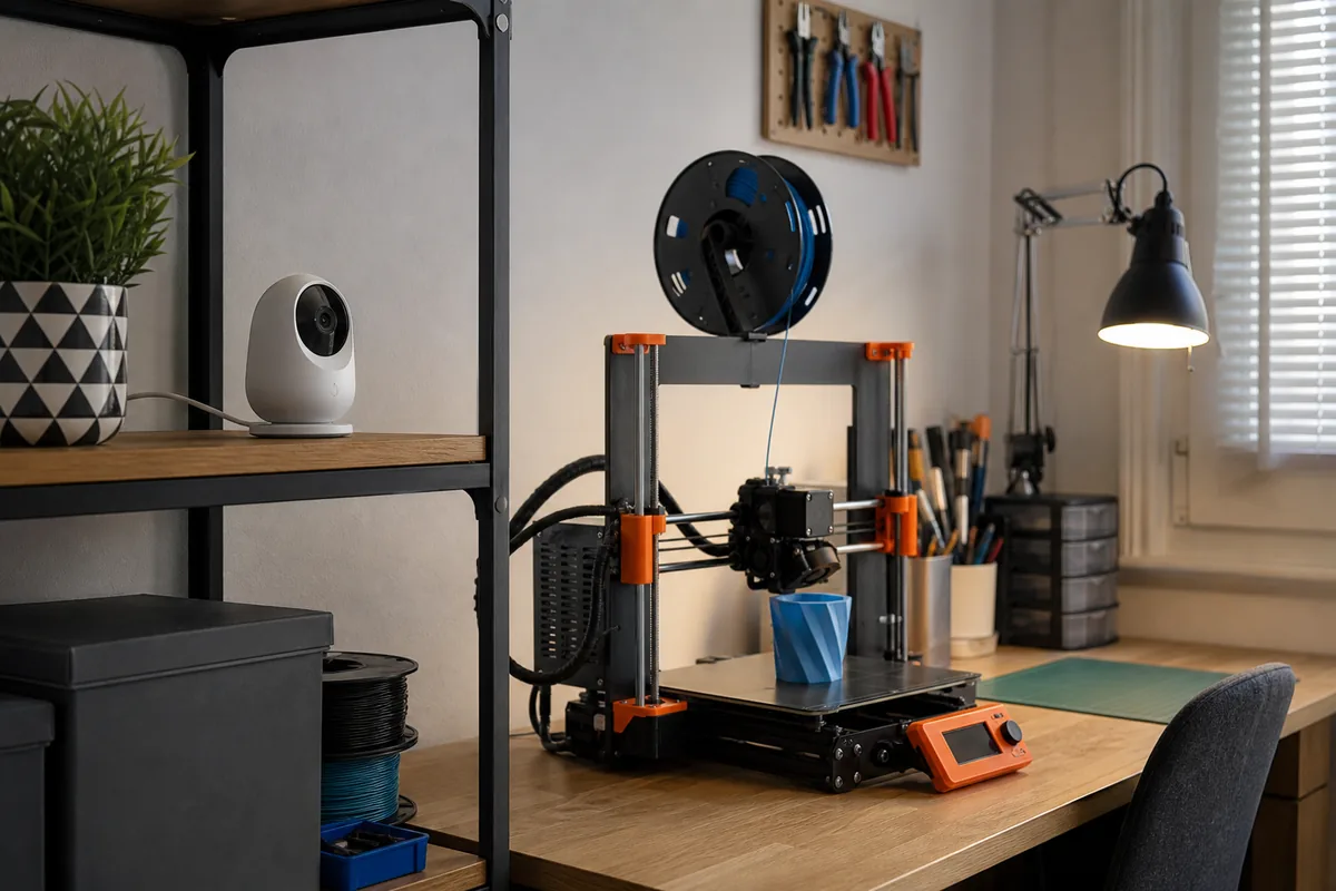 Cámara interior vigilando una impresora 3D desde una estantería cercana