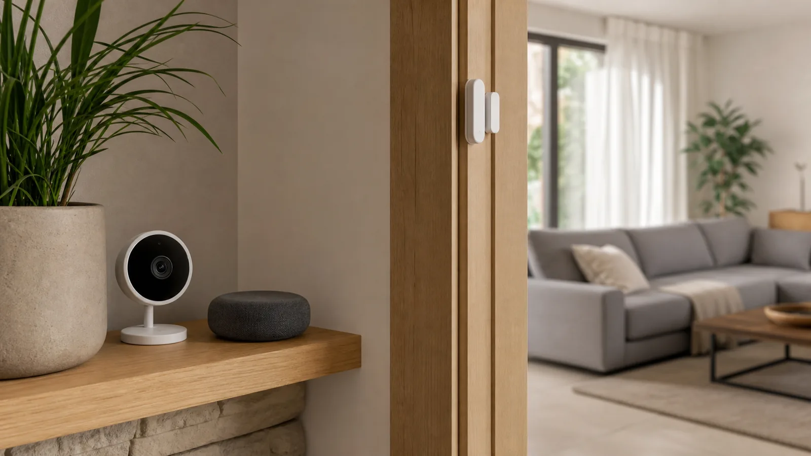 Cámara interior junto a un sensor de puerta Zigbee y un altavoz Alexa
