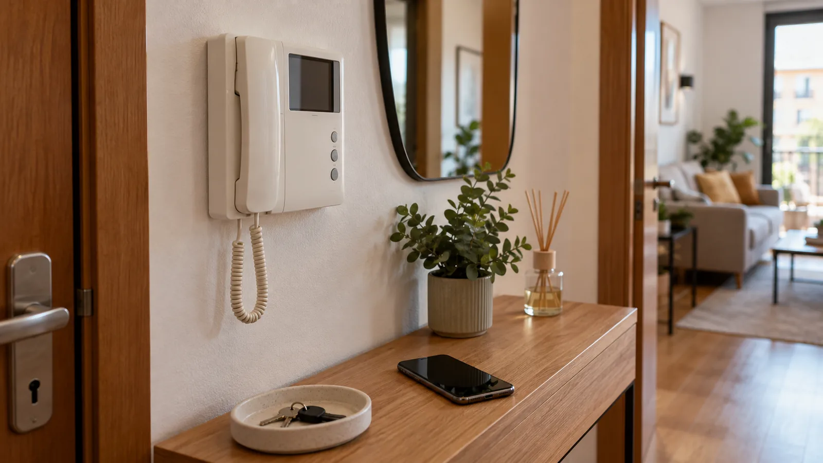 Telefonillo de pared y móvil sobre una consola en el recibidor de un piso