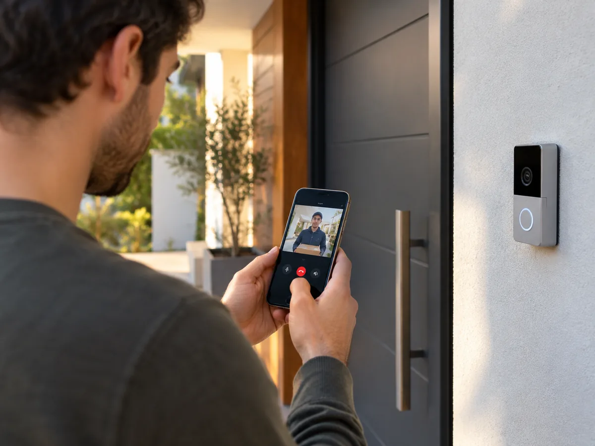 Persona comprobando desde el móvil un timbre con cámara instalado junto a la entrada de una casa