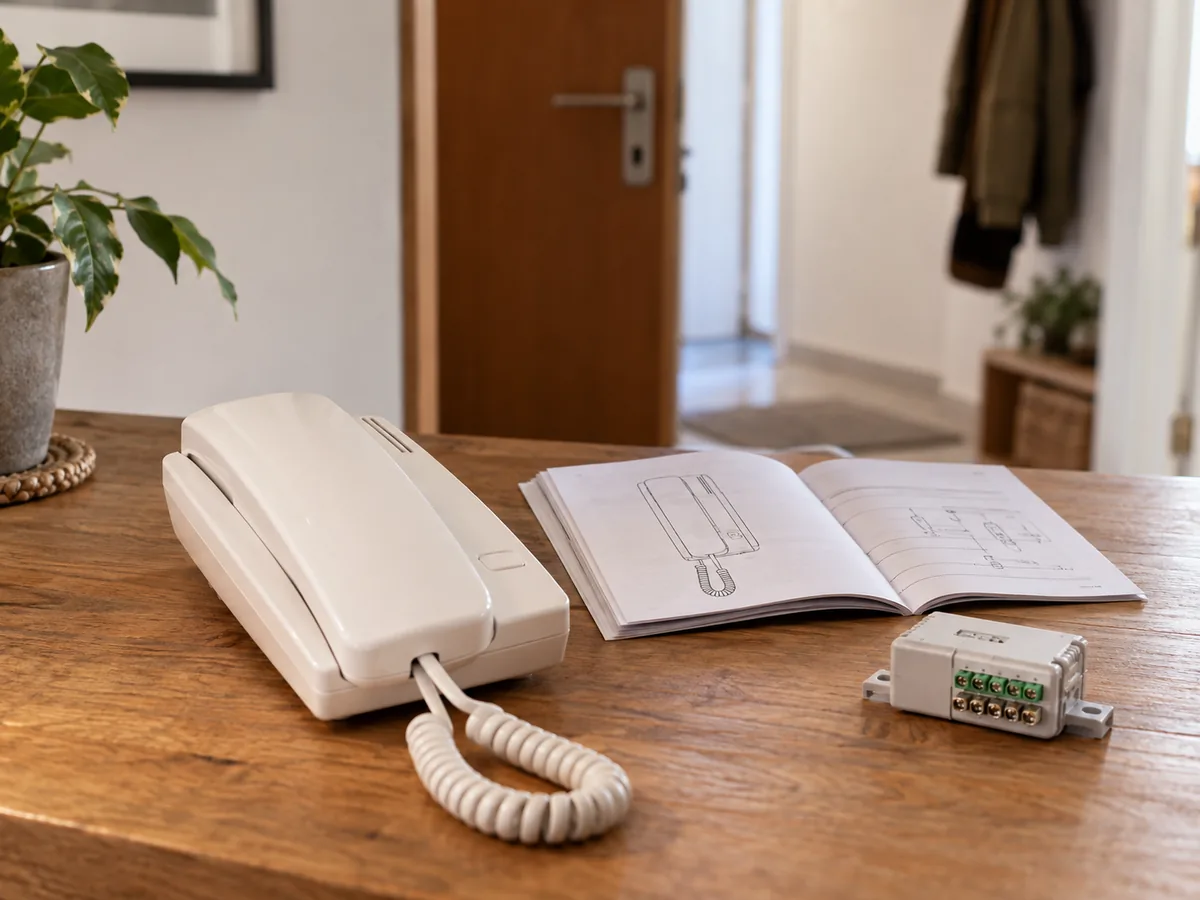 Telefonillo cerrado junto a su manual y un pequeño adaptador sobre una mesa de madera